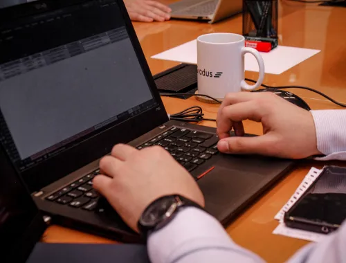 Mãos trabalhando em planilha em notebook com caneca de café ao lado